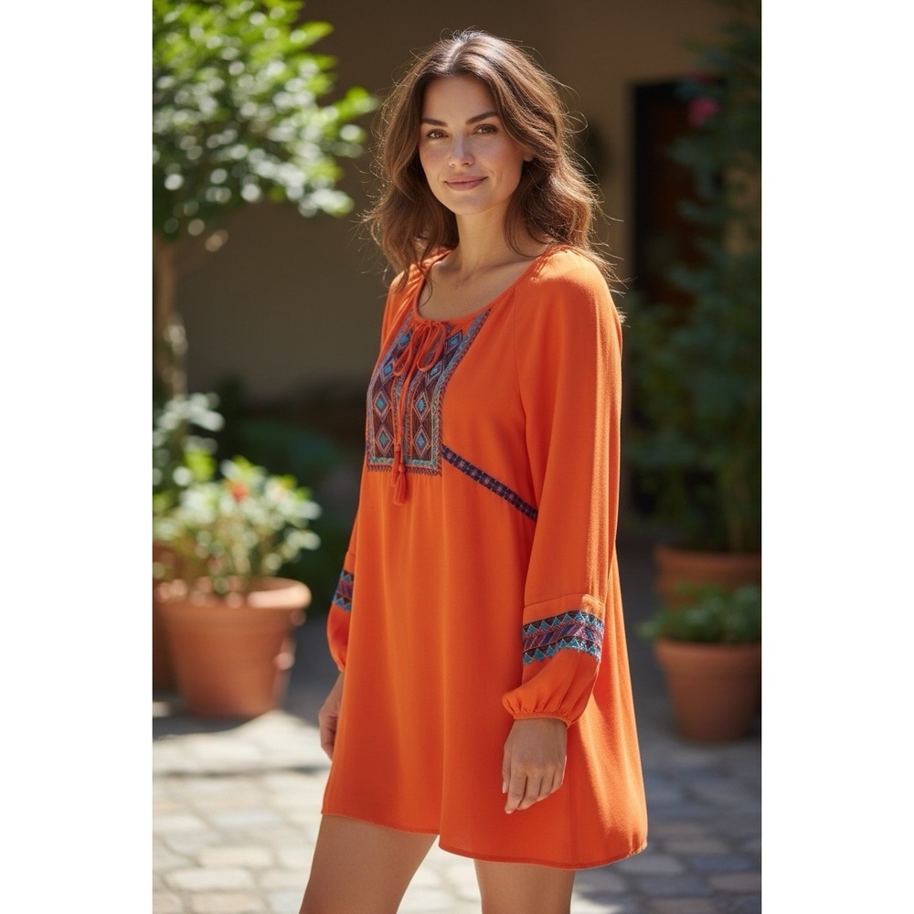 Gianni Bini Fire Orange Boho Western Tasseled Puff Sleeve Mini Dress Large NWT
